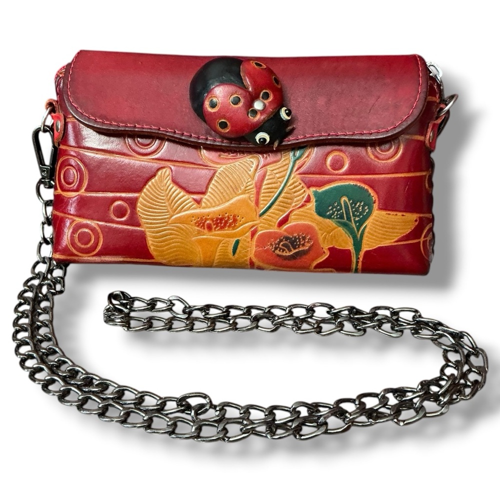 Red Floral Leather Crossbody Wallet with Ladybug Accent